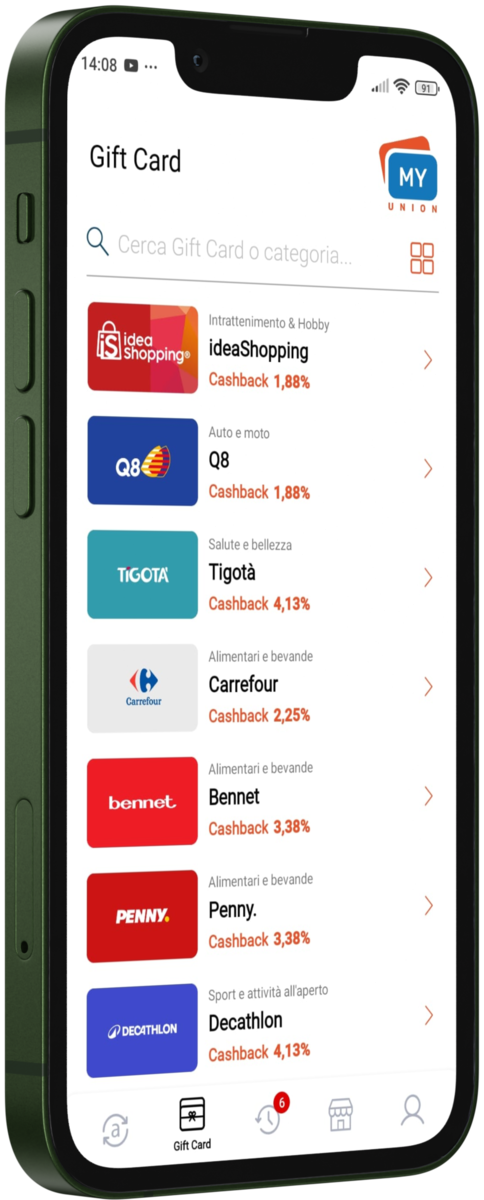 Screen sezione Gift card dell'App MyUnion